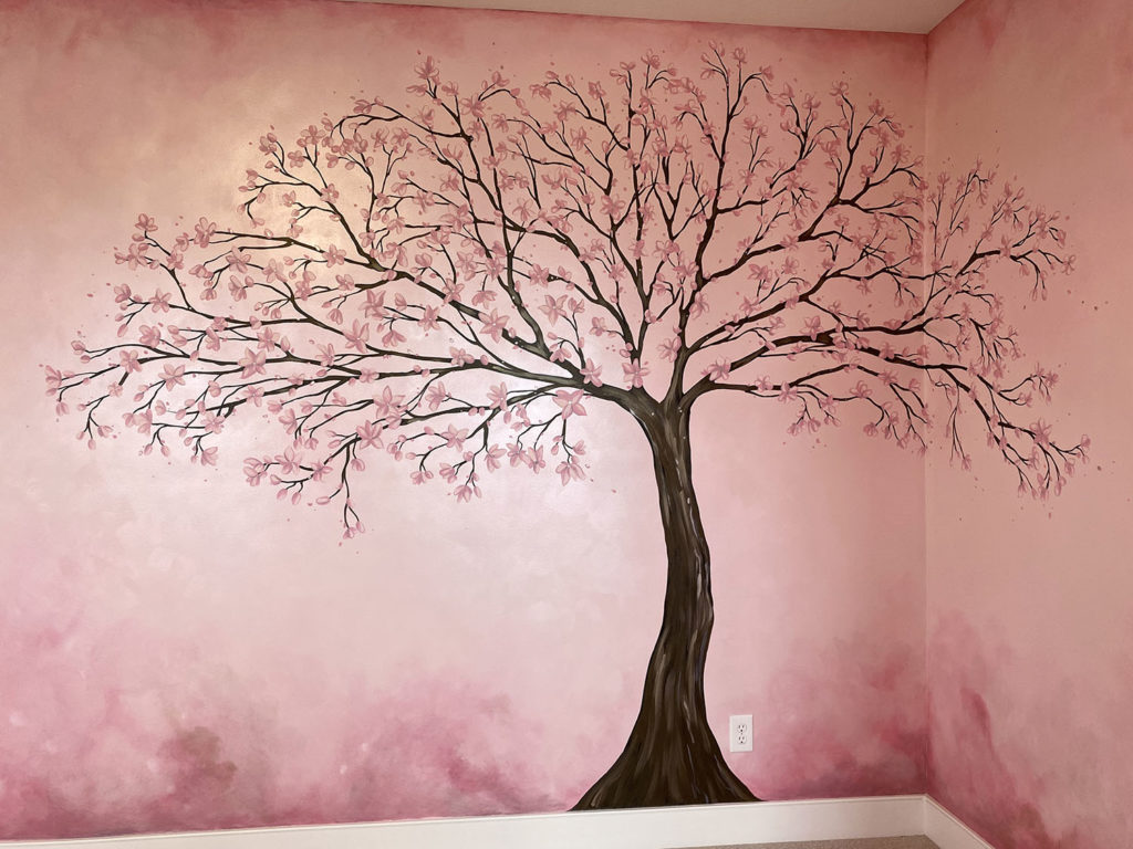 Metallic Pink Watercolor Cherry Blossom Mural