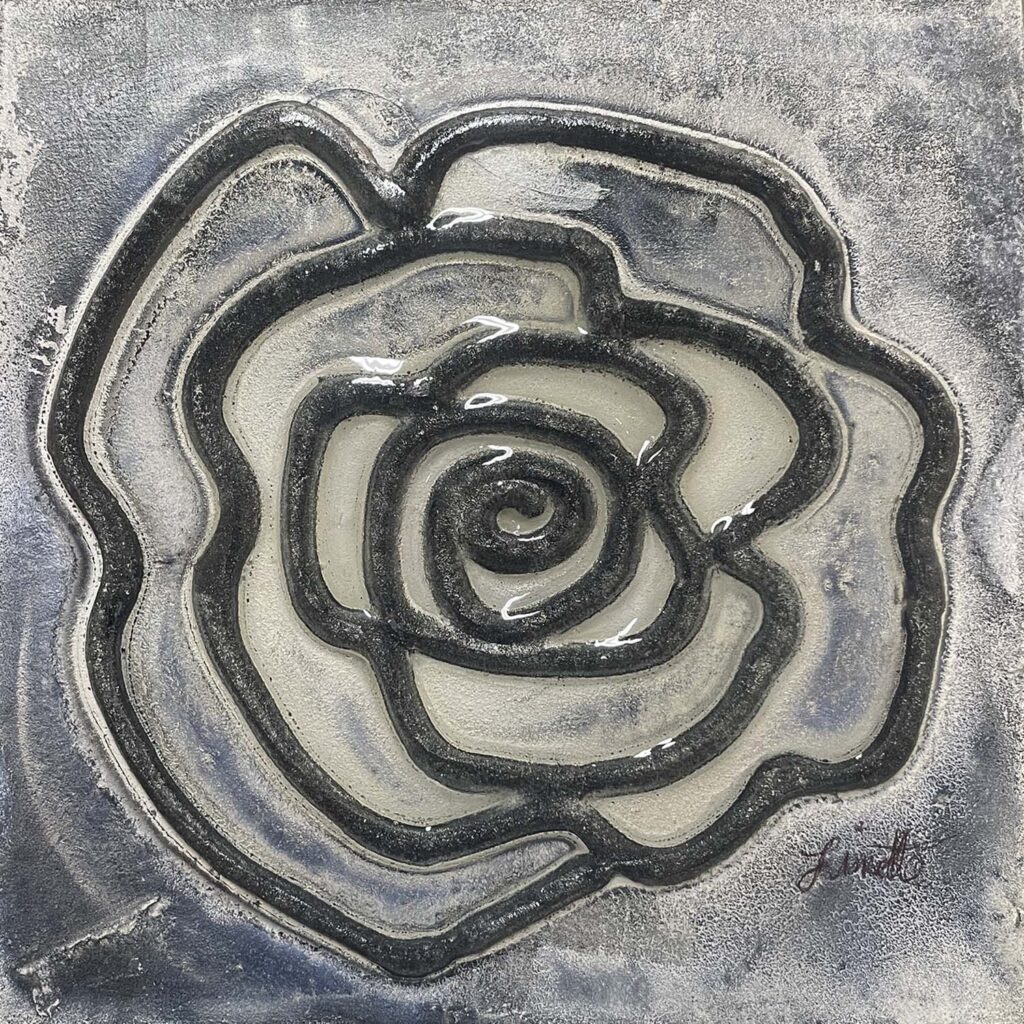 Bottom original matted painting navy gray beige black floral rose