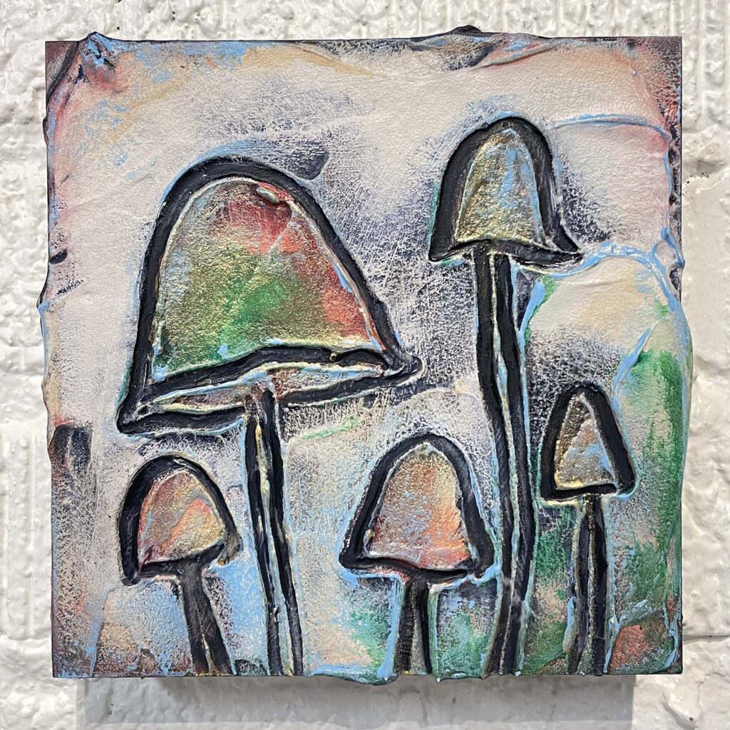 Cheery Five mixed media mushroom painting