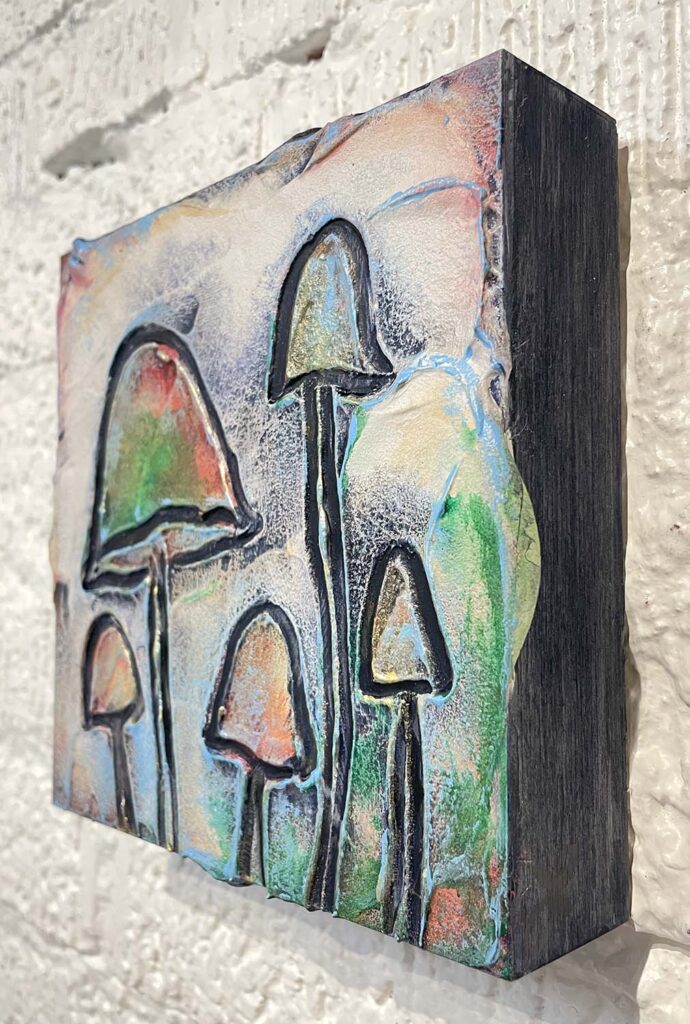 Cheery Five mixed media mushroom painting
