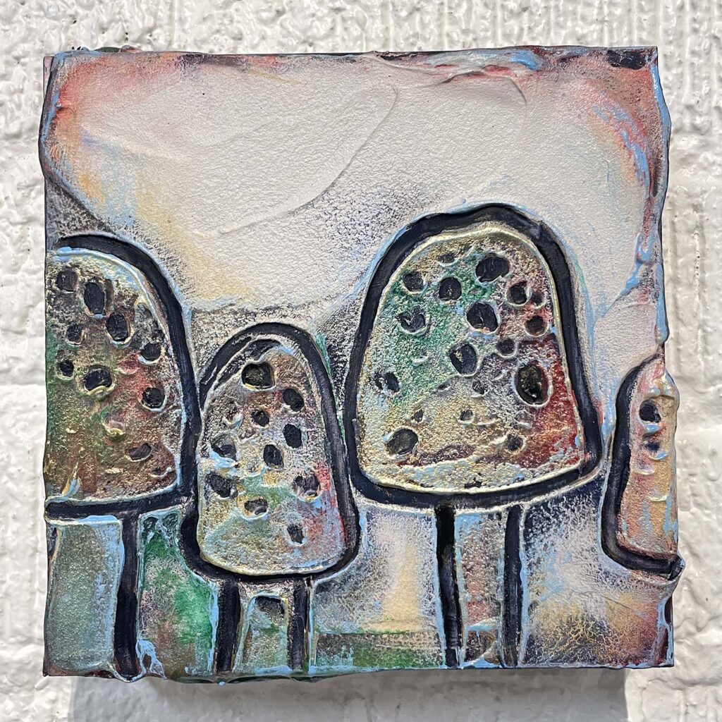 Cheery Four mixed media mushroom painting