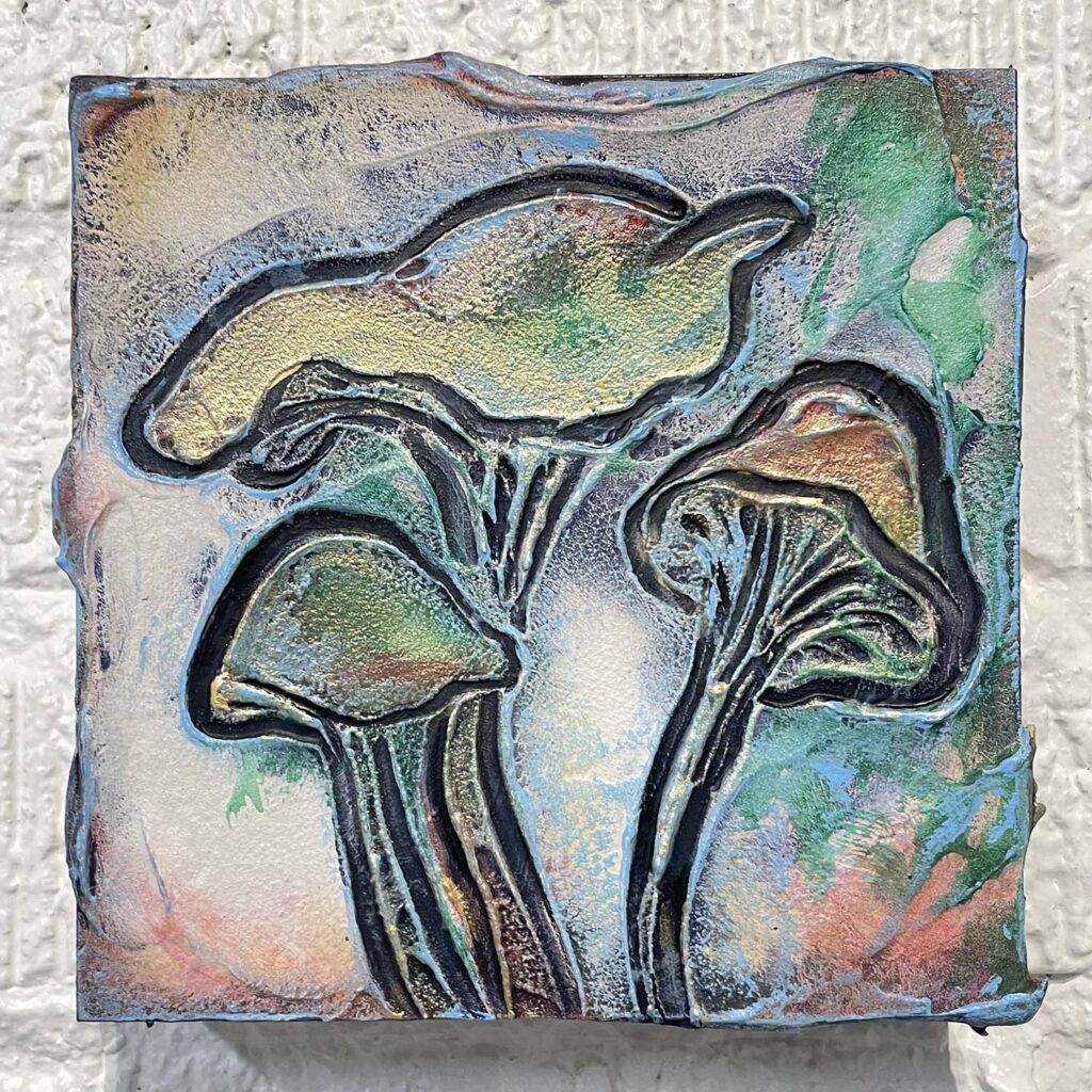 Cheery Six mixed media mushroom painting