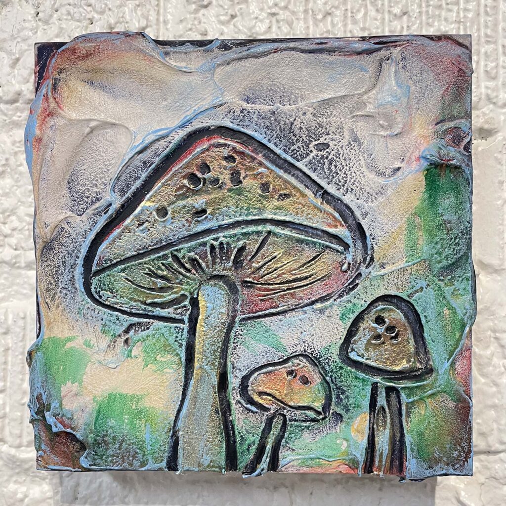 Cheery Three mixed media mushroom painting