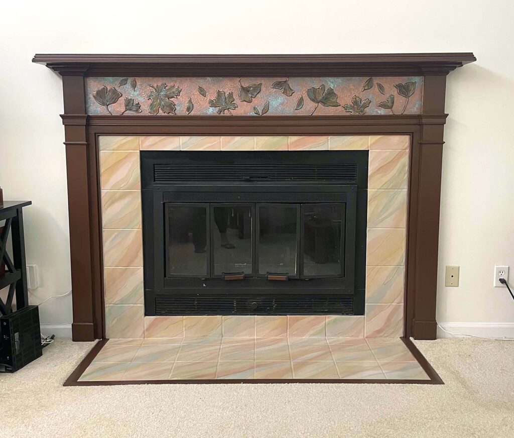 copper leaf sculpture fireplace