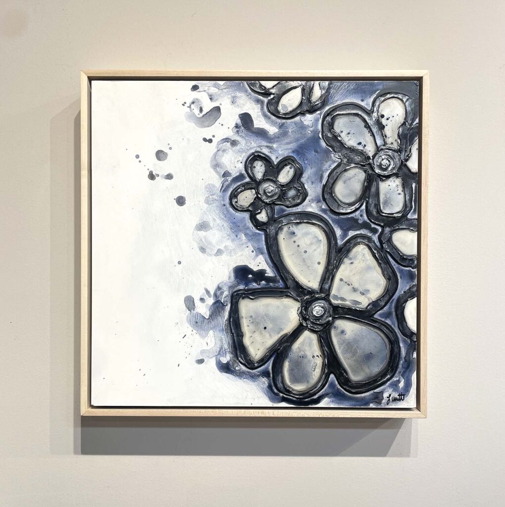 Expressive One modern floral stained glass plaster painting mixed media navy black silver