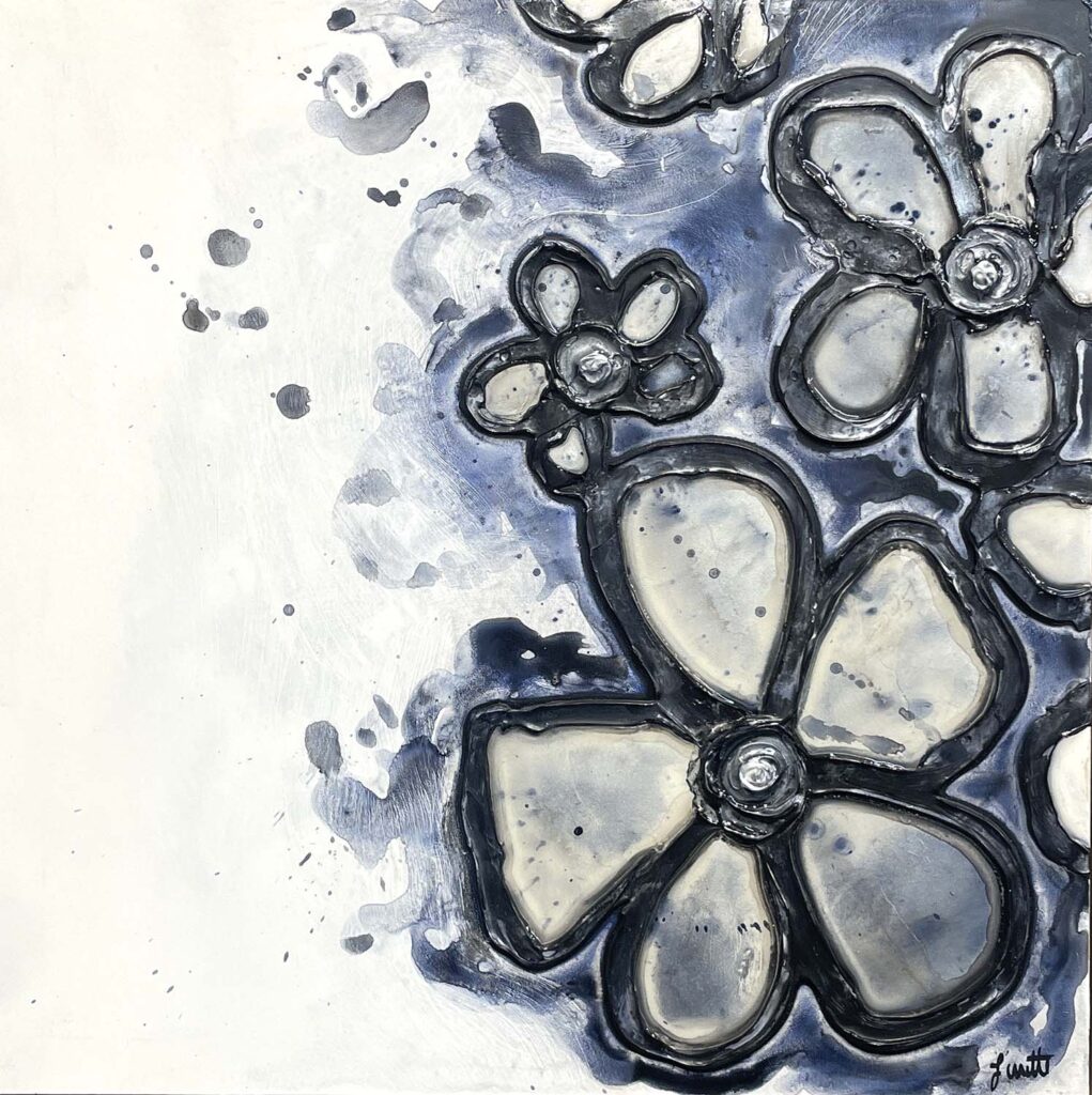 Expressive One modern floral stained glass plaster painting mixed media navy black silver