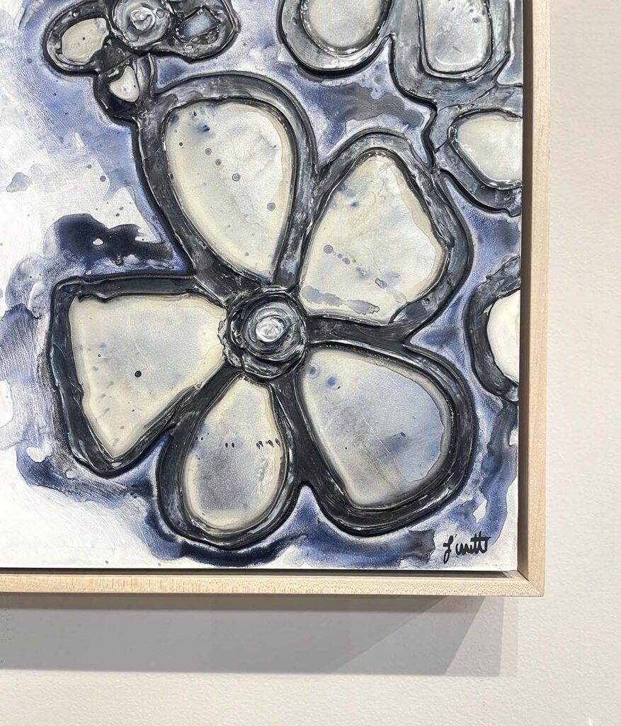 Expressive One modern floral stained glass plaster painting mixed media navy black silver