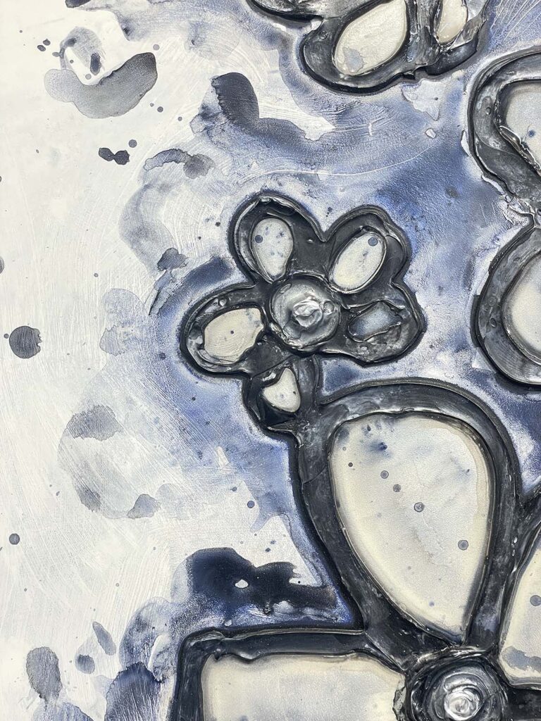 Expressive One modern floral stained glass plaster painting mixed media navy black silver