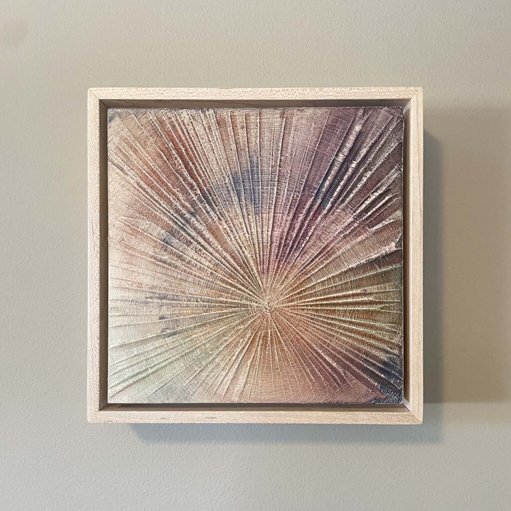 Finding Eachother One original fine art painting tree rings with frame beige rust purple green navy