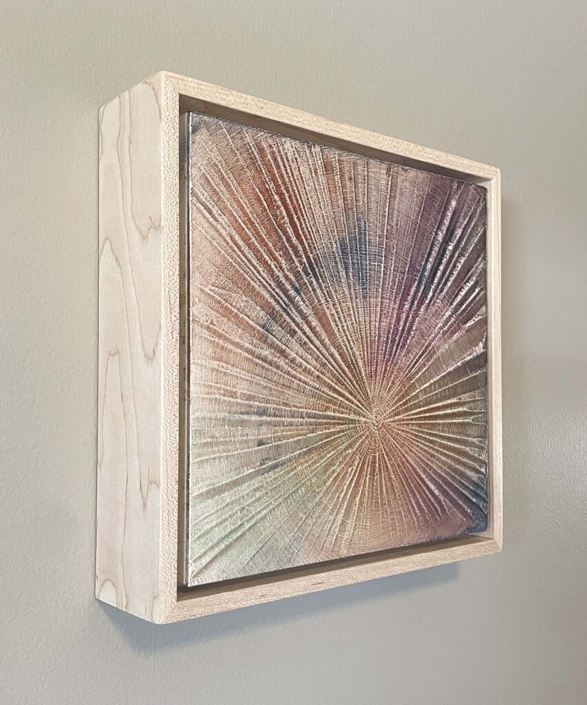 Finding Eachother One original fine art painting tree rings with frame beige rust purple green navy