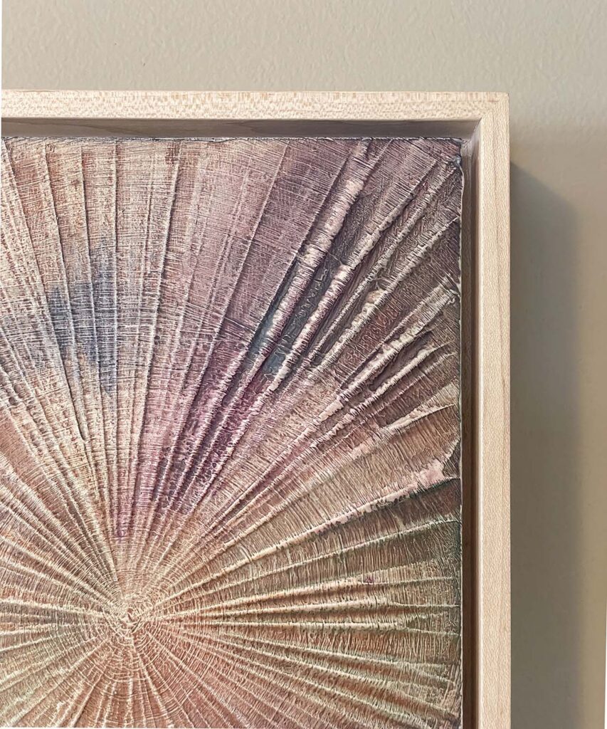 Finding Eachother One original fine art painting tree rings with frame beige rust purple green navy