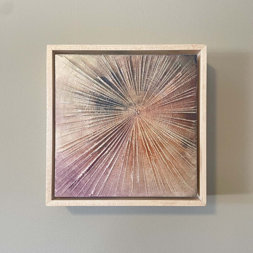 Finding Eachother Three original fine art painting tree rings with frame beige rust purple green navy