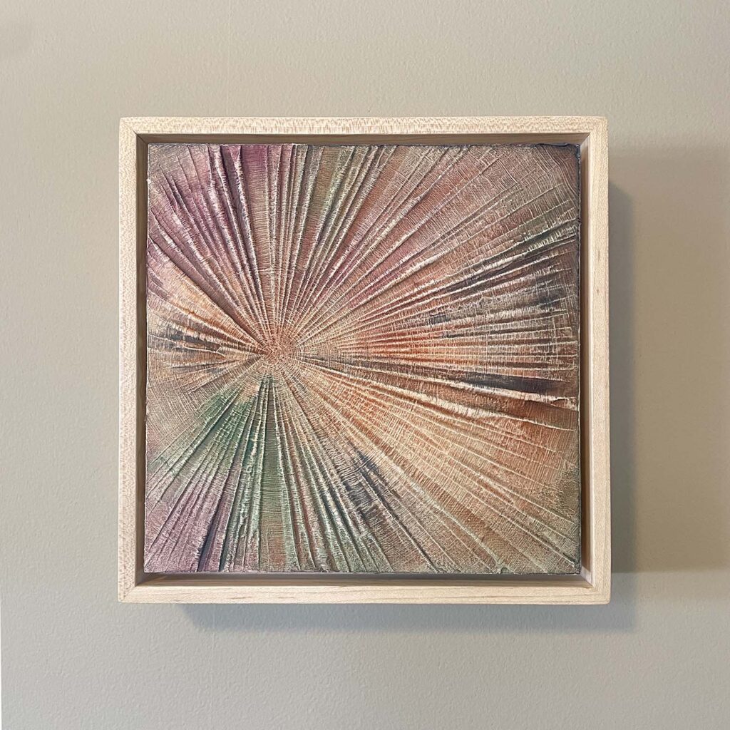 Finding Eachother Two original fine art painting tree rings with frame beige rust purple green navy