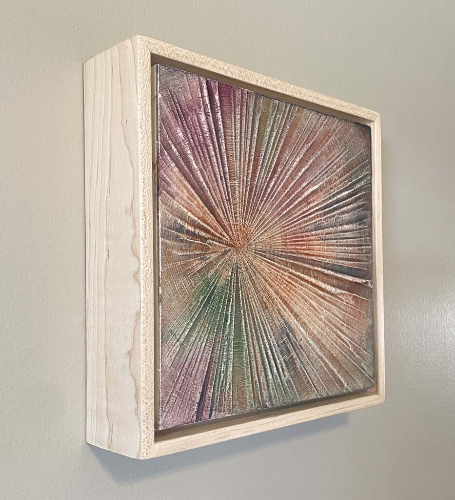 Finding Eachother Two original fine art painting tree rings with frame beige rust purple green navy