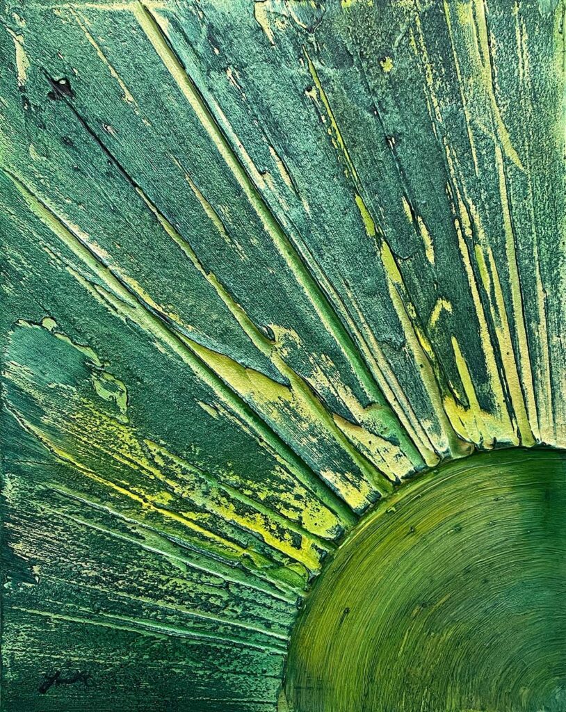 For Her original green yellow matted painting sun