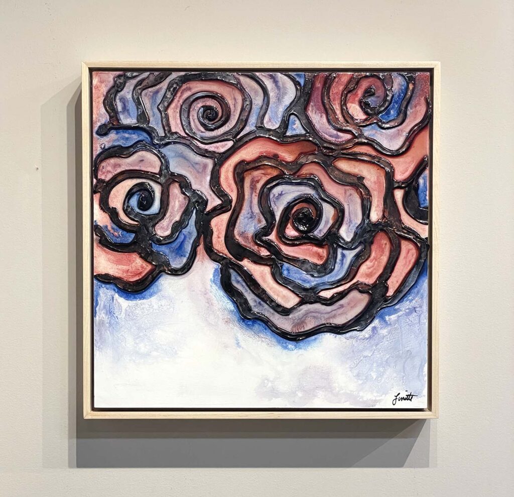 Much Love One original mixed media red blue rose stained glass plaster painting