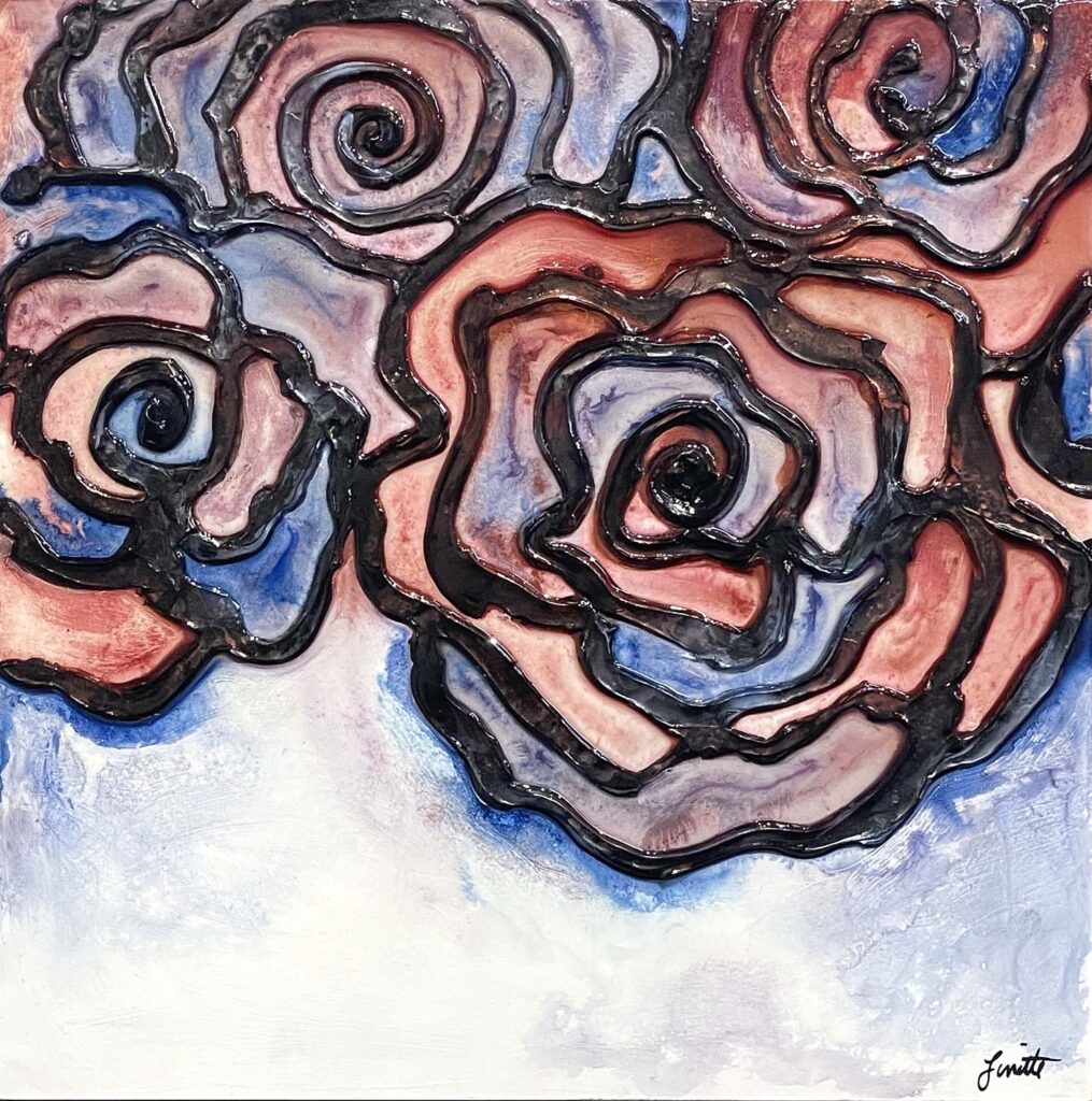 Much Love One original mixed media red blue rose stained glass plaster painting