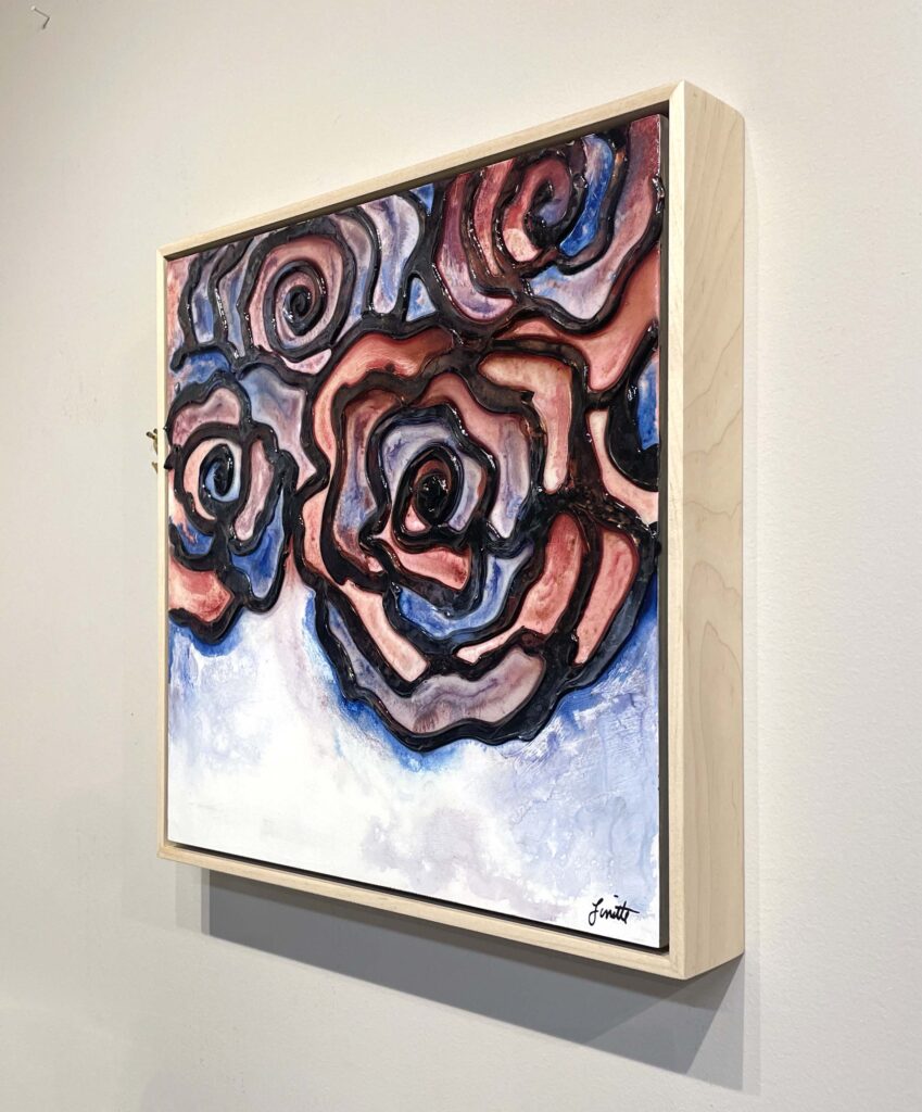 Much Love One original mixed media red blue rose stained glass plaster painting