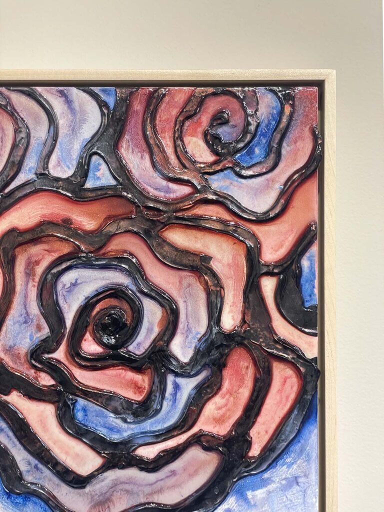Much Love One original mixed media red blue rose stained glass plaster painting