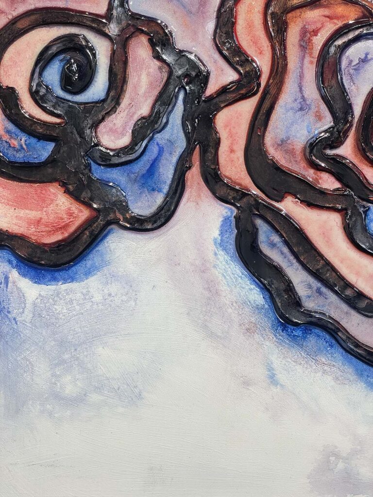 Much Love One original mixed media red blue rose stained glass plaster painting