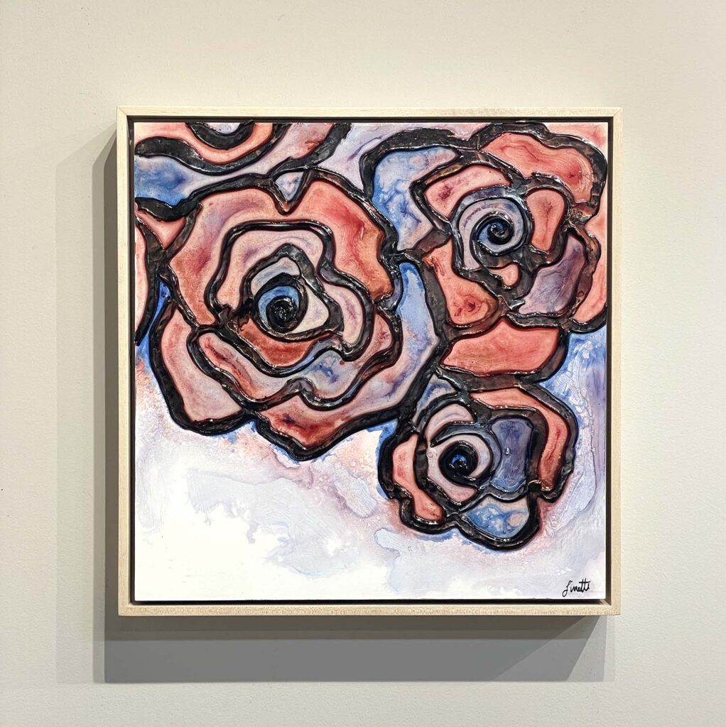 Much Love Two original mixed media red blue rose stained glass plaster painting