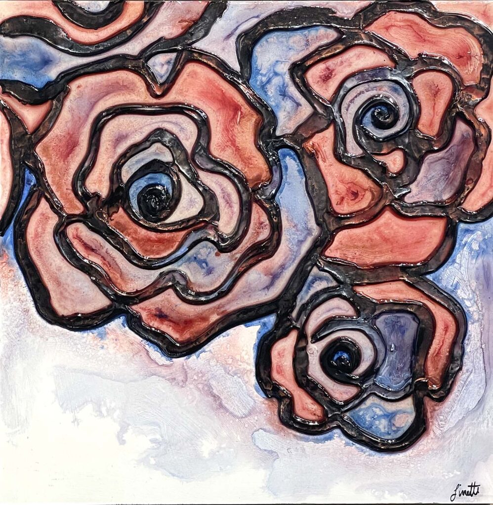 Much Love Two original mixed media red blue rose stained glass plaster painting