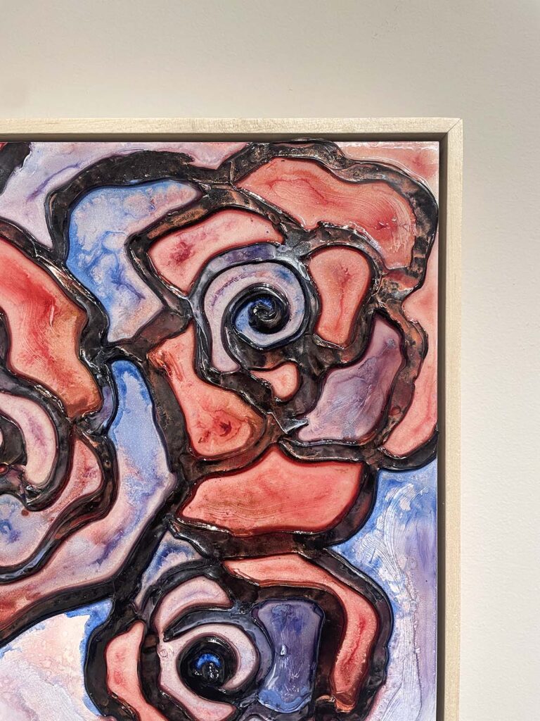 Much Love Two original mixed media red blue rose stained glass plaster painting