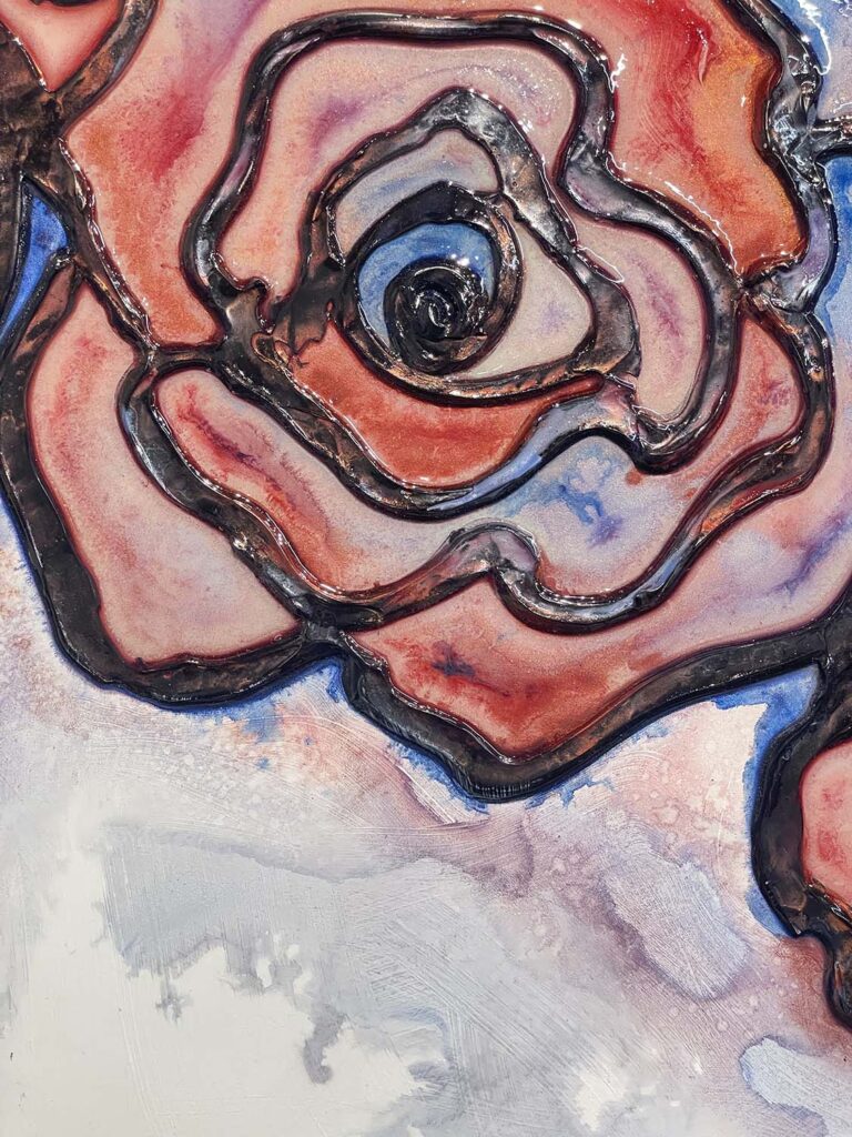Much Love Two original mixed media red blue rose stained glass plaster painting