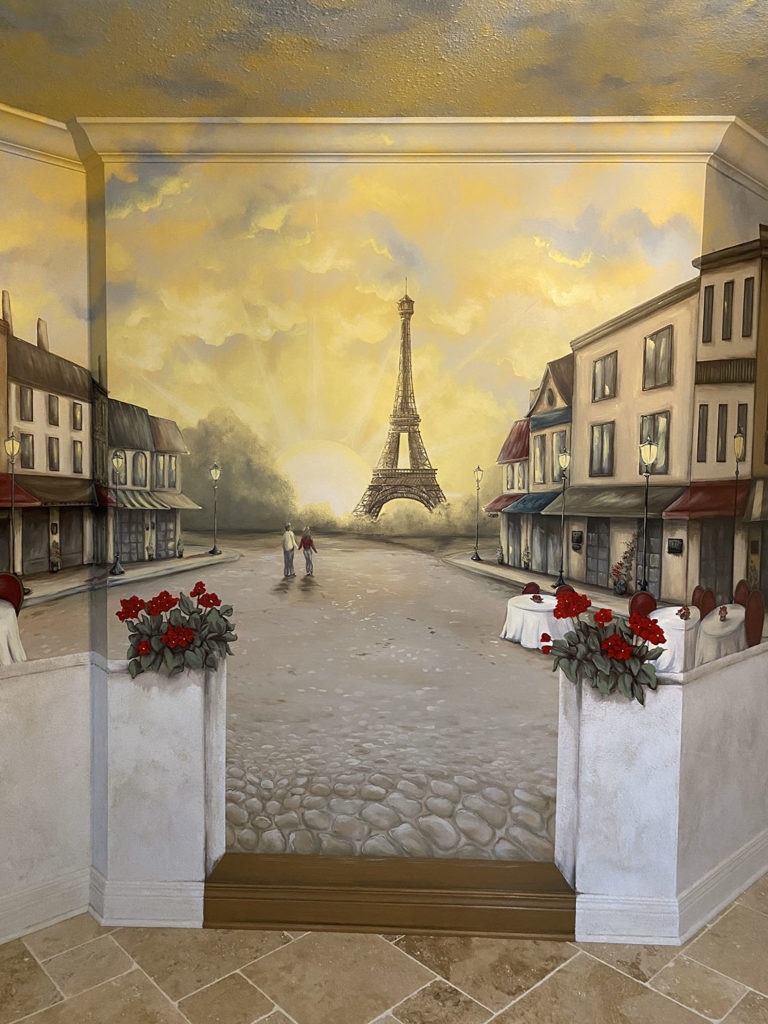 Paris street cafe mural and sandstone faux finish