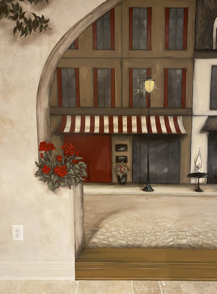 Paris street cafe mural and sandstone faux finish